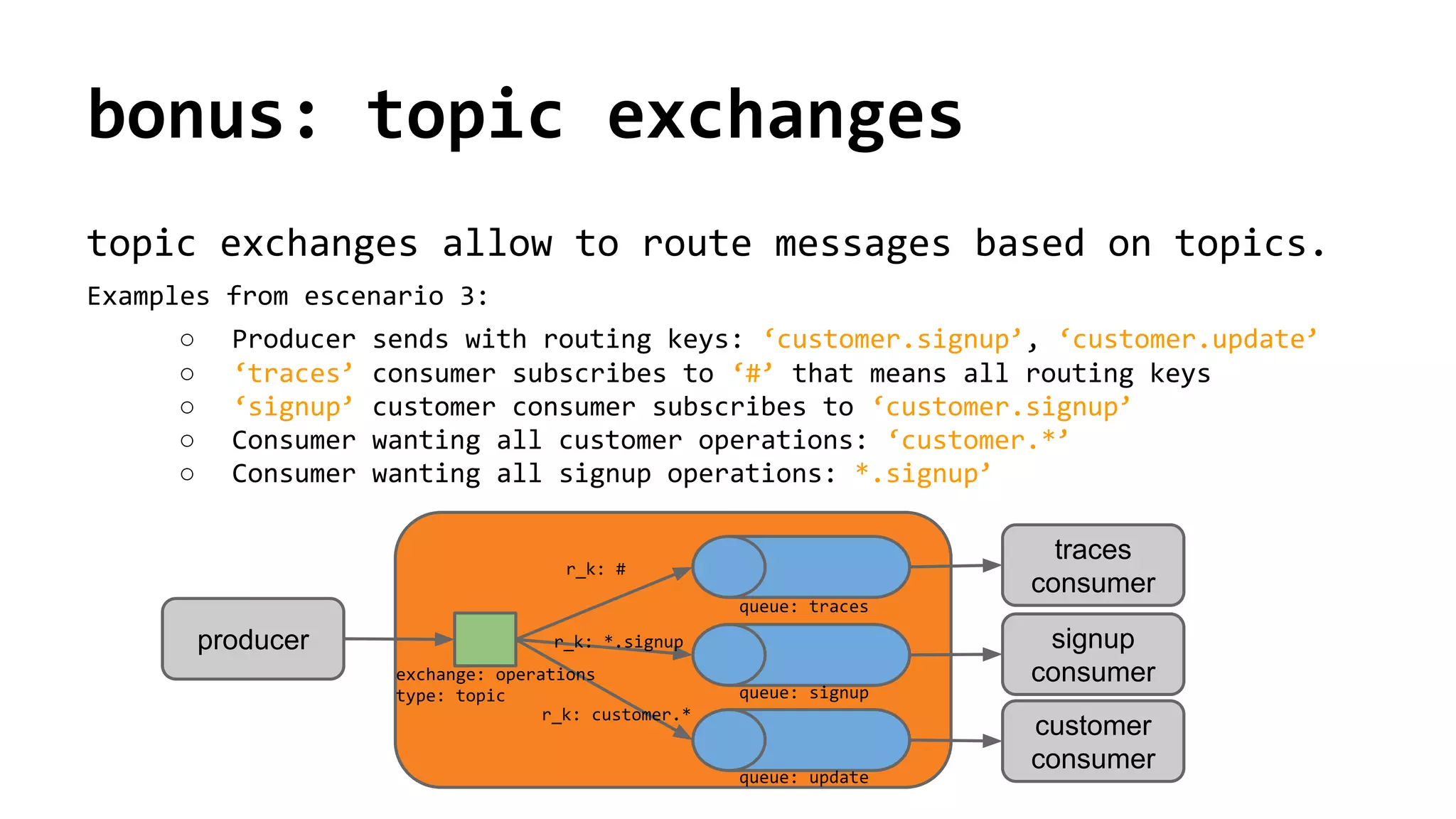bonus: topic exchanges
traces
consumer
producer
customer
consumer
signup
consumerexchange: operations
type: topic
queue: traces
queue: signup
queue: update
r_k: #
r_k: *.signup
r_k: customer.*
topic exchanges allow to route messages based on topics.
Examples from escenario 3:
○ Producer sends with routing keys: ‘customer.signup’, ‘customer.update’
○ ‘traces’ consumer subscribes to ‘#’ that means all routing keys
○ ‘signup’ customer consumer subscribes to ‘customer.signup’
○ Consumer wanting all customer operations: ‘customer.*’
○ Consumer wanting all signup operations: *.signup’
 