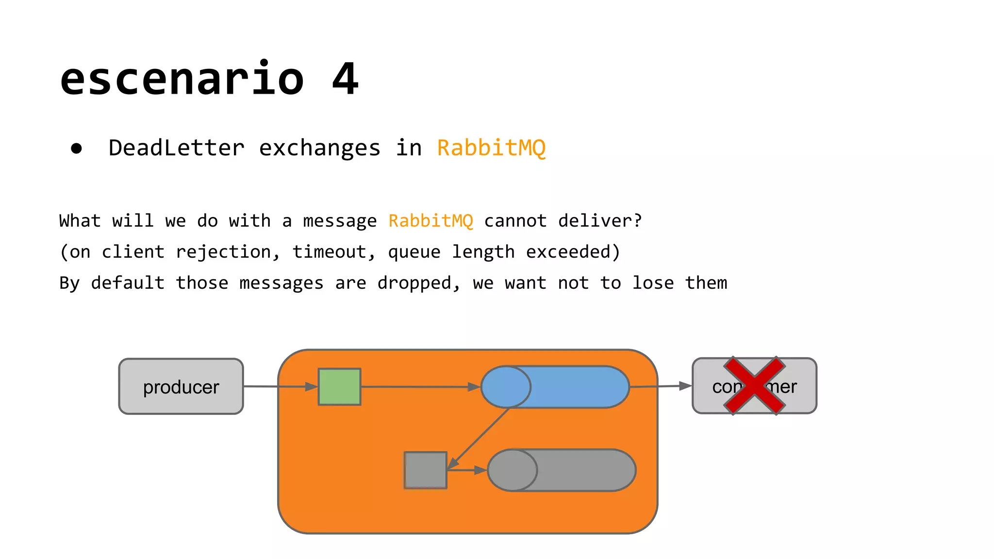 escenario 4
● DeadLetter exchanges in RabbitMQ
What will we do with a message RabbitMQ cannot deliver?
(on client rejection, timeout, queue length exceeded)
By default those messages are dropped, we want not to lose them
consumerproducer
 