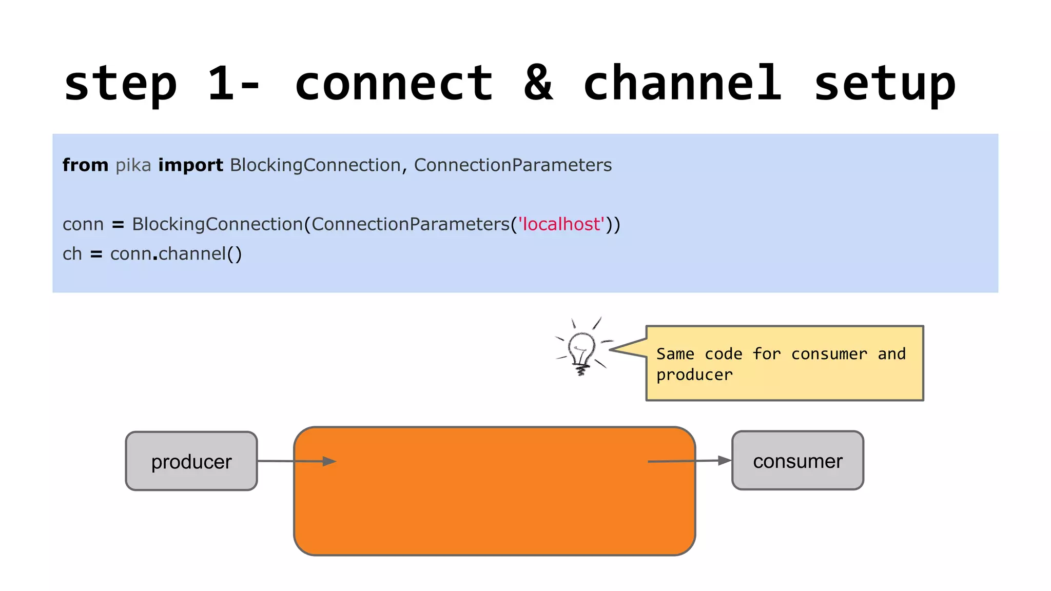 step 1- connect & channel setup
from pika import BlockingConnection, ConnectionParameters
conn = BlockingConnection(ConnectionParameters('localhost'))
ch = conn.channel()
consumerproducer
Same code for consumer and
producer
 