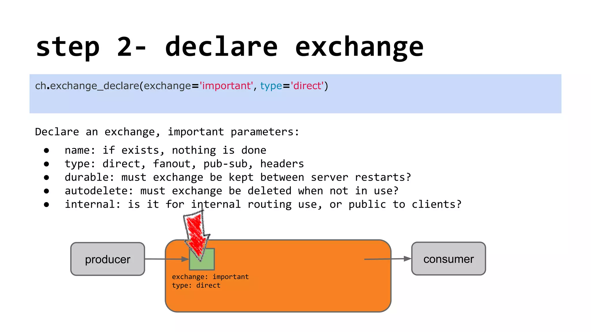 step 2- declare exchange
Declare an exchange, important parameters:
● name: if exists, nothing is done
● type: direct, fanout, pub-sub, headers
● durable: must exchange be kept between server restarts?
● autodelete: must exchange be deleted when not in use?
● internal: is it for internal routing use, or public to clients?
ch.exchange_declare(exchange='important', type='direct')
consumerproducer
exchange: important
type: direct
 