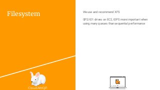 CloudAMQP
Filesystem
We use and recommend XFS
GP2/IO1 drives on EC2, IOPS more important when
using many queues than sequential performance
 