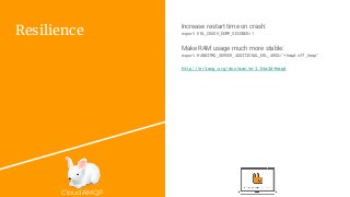 CloudAMQP
Resilience
Increase restart time on crash:
export ERL_CRASH_DUMP_SECONDS=1
Make RAM usage much more stable:
export RABBITMQ_SERVER_ADDITIONAL_ERL_ARGS="+hmqd off_heap"
http://erlang.org/doc/man/erl.html#+hmqd
 