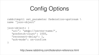Conﬁg Options
rabbitmqctl set_parameter federation-upstream 
name ‘json-object’
!

json-object: {
‘uri’: ‘amqp://server-name/’,
‘prefetch-count’: 1000,
‘reconnect-delay’: 1,
‘ack-mode’: on-confirm
}
http://www.rabbitmq.com/federation-reference.html

 