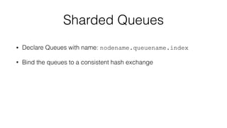 Sharded Queues
• Declare Queues with name: nodename.queuename.index
• Bind the queues to a consistent hash exchange
 