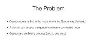 The Problem
• Queues contents live in the node where the Queue was declared
• A cluster can access the queue from every connected node
• Queues are an Erlang process (tied to one core)
 