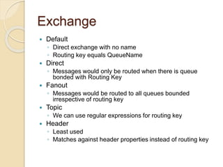 Exchange
 Default
◦ Direct exchange with no name
◦ Routing key equals QueueName
 Direct
◦ Messages would only be routed when there is queue
bonded with Routing Key
 Fanout
◦ Messages would be routed to all queues bounded
irrespective of routing key
 Topic
◦ We can use regular expressions for routing key
 Header
◦ Least used
◦ Matches against header properties instead of routing key
 