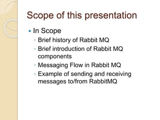 Scope of this presentation
 In Scope
◦ Brief history of Rabbit MQ
◦ Brief introduction of Rabbit MQ
components
◦ Messaging Flow in Rabbit MQ
◦ Example of sending and receiving
messages to/from RabbitMQ
 