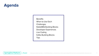 Unless otherwise indicated, these slides are © 2013-2019 Pivotal Software, Inc. and licensed under a Creative Commons Attribution-NonCommercial license: http://creativecommons.org/licenses/by-nc/3.0/
Benefits
When to Use Each
Challenges
RabbitMQ Building Blocks
Developer Experiences
Live Coding
Kafka Building Blocks
Tips
Agenda
3
 
