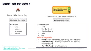 Unless otherwise indicated, these slides are © 2013-2019 Pivotal Software, Inc. and licensed under a Creative Commons Attribution-NonCommercial license: http://creativecommons.org/licenses/by-nc/3.0/
Model for the demo
CarEvent:
- uuid
- latitude
- longitude
- speed
Simple JSON friendly Pojo
Message Key: uuid
ViolationEvent:
- uuid
- List<CarEvent>
- violationCount
- start
- end
State Management:
- new() - ‘start’ timestamp, new ArrayList<CarEvent>
- addCarEvent() - check speed, add to list, increase
violationCount
- closeWindow() - ‘end’ timestamp
JSON friendly “self aware” data model
Message Key: uuid
Speed Check Processor
(SCSt + Kstream)
 