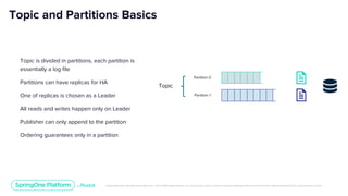 Unless otherwise indicated, these slides are © 2013-2019 Pivotal Software, Inc. and licensed under a Creative Commons Attribution-NonCommercial license: http://creativecommons.org/licenses/by-nc/3.0/
Topic and Partitions Basics
Partition 0
Partition 1
Topic is divided in partitions, each partition is
essentially a log file
Partitions can have replicas for HA
One of replicas is chosen as a Leader
All reads and writes happen only on Leader
Publisher can only append to the partition
Ordering guarantees only in a partition
Topic
 