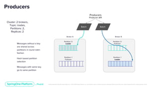Unless otherwise indicated, these slides are © 2013-2019 Pivotal Software, Inc. and licensed under a Creative Commons Attribution-NonCommercial license: http://creativecommons.org/licenses/by-nc/3.0/
Broker B
Partition: 0
Leader
Partition: 1
Follower
Partition: 0
Follower
Partition: 1
Leader
Broker A
Producers
Producers
Producer API
Cluster: 2 brokers,
Topic: trades,
Partitions: 2,
Replicas: 2
Messages without a key
are shared across
partitions in round robin
fashion
Hash based partition
selection
Messages with same key
go to same partition
Batch Batch
 