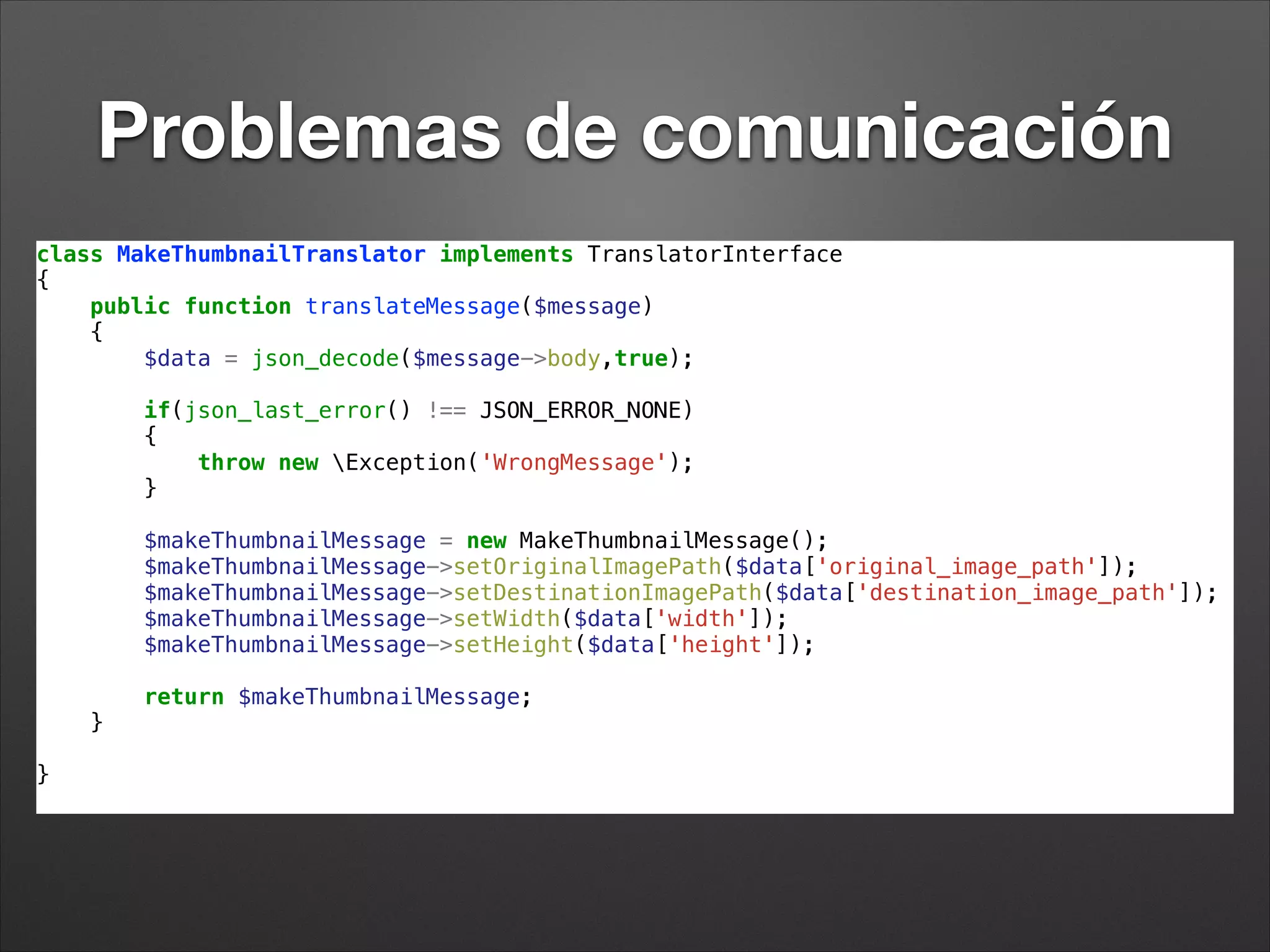 old_sound_rabbit_mq:
connections:
default:
host: 'localhost'
port: 5672
user: 'guest'
password: 'guest'
vhost: '/'
lazy: true
producers:
make_thumbnail:
connection: default
exchange_options:
name:
type: direct
durable: true
auto_delete: false
consumers:
make_thumbnail:
connection: default
exchange_options:
name:
type: direct
durable: true
auto_delete: false
queue_options: {
callback: solilokiam.rabbitmq.make_thumbnail_consumer
RabbitMQ y Symfony
Conﬁguración
consumers:
make_thumbnail:
connection: default
exchange_options:
name: 'make-thumbnail-exchange'
type: direct
durable: true
auto_delete: false
queue_options: {name: 'make-thumbnail-queue',durable: true}
callback: solilokiam.rabbitmq.make_thumbnail_consumer
 