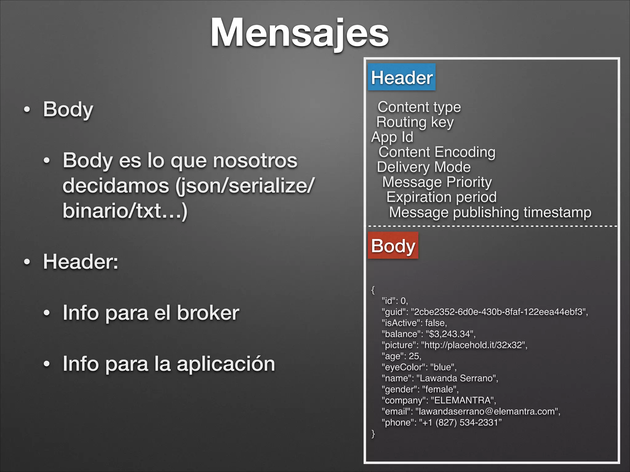 Mensajes
• Body
• Body es lo que nosotros
decidamos (json/serialize/
binario/txt…)
• Header:
• Info para el broker
• Info para la aplicación
 