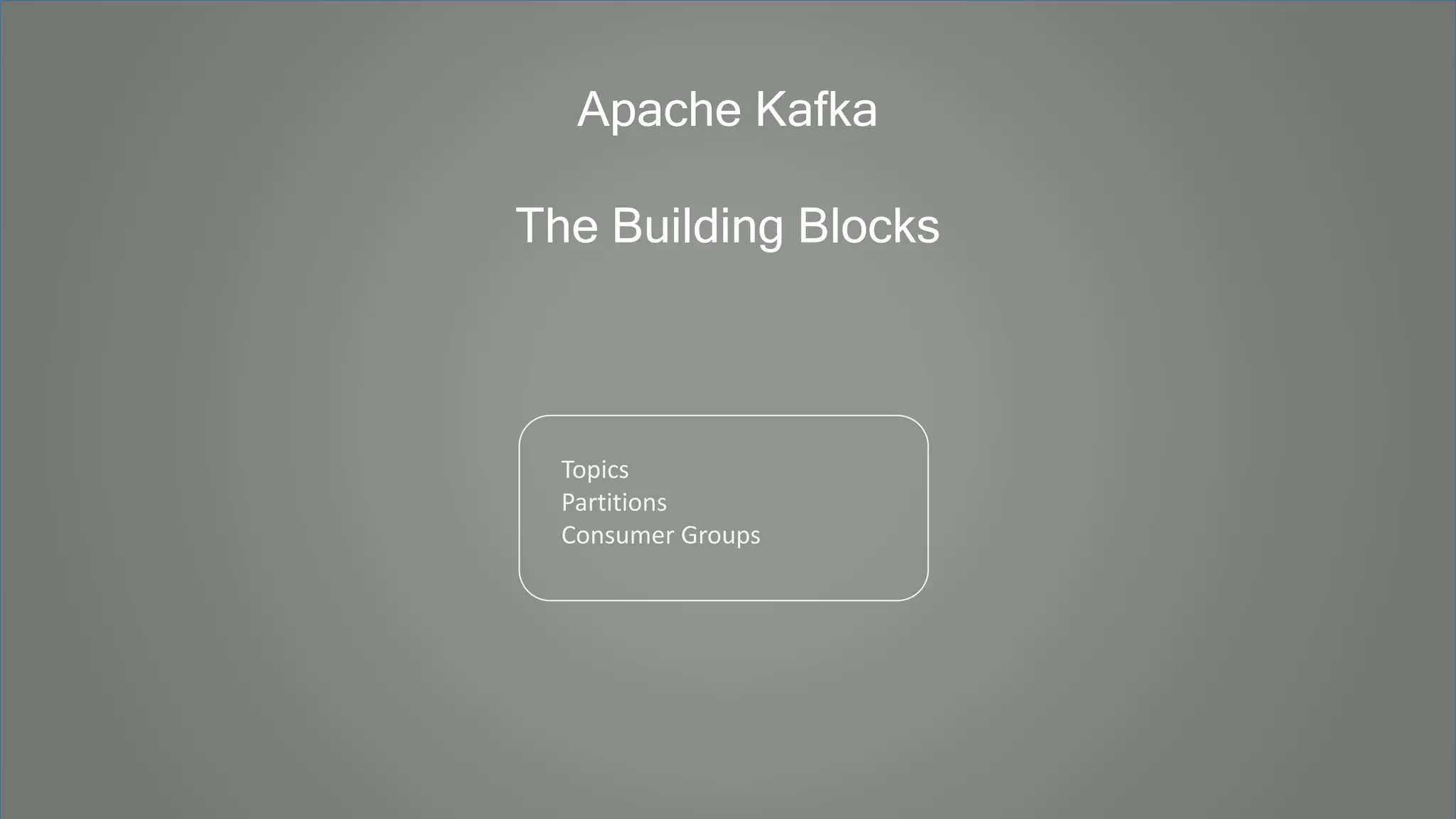 Apache Kafka
The Building Blocks
Topics
Partitions
Consumer Groups
 