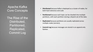 • Distributed because Kafka is deployed as a cluster of nodes, for
both fault tolerance and scale
• Partitioned because each topic can be sharded into multiple
partitions, with each partition storing a disjoint set of the data.
• Replicated because partitions are usually replicated across
multiple nodes (servers).
• Commit Log because messages are stored in an append only
fashion.
Apache Kafka
Core Concepts
The Rise of the
Distributed,
Partitioned,
Replicated,
Commit Log
 