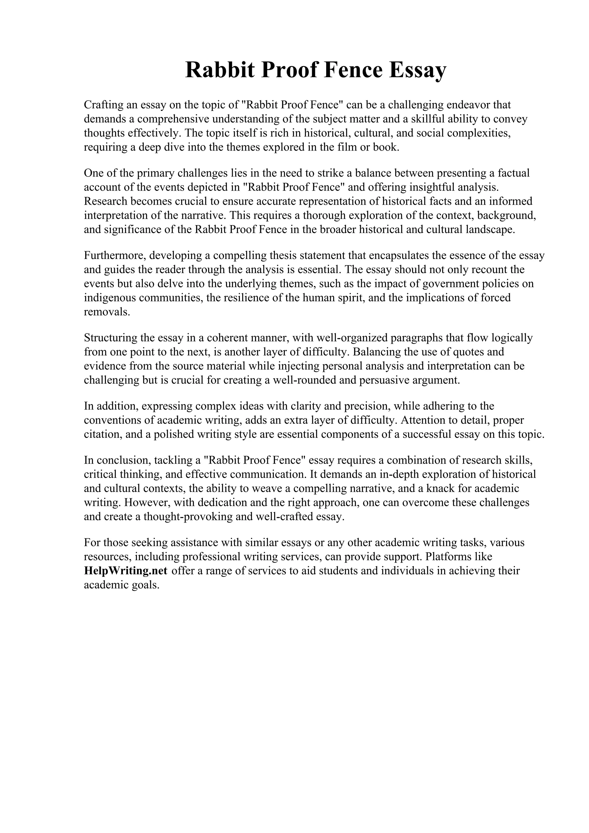 Rabbit Proof Fence Essay. Rabbit Proof Fence Teaching Resources | PDF