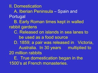 II. Domestication
    A. Iberian Peninsula – Spain and
Portugal
    B. Early Roman times kept in walled
rabbit gardens
    C. Released on islands in sea lanes to
       be used as a food source
    D. 1859; a pair was released in Victoria,
       Australia. In 30 years   multiplied to
20 million rabbits
    E. True domestication began in the
1500’s at French monasteries.
 