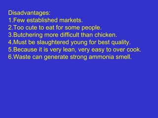 Disadvantages:
1.Few established markets.
2.Too cute to eat for some people.
3.Butchering more difficult than chicken.
4.Must be slaughtered young for best quality.
5.Because it is very lean, very easy to over cook.
6.Waste can generate strong ammonia smell.
 