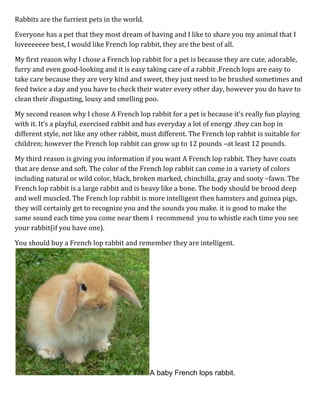 Rabbits are the furriest pets in the world.<br />Everyone has a pet that they most dream of having and I like to share you my animal that I loveeeeeee best, I would like French lop rabbit, they are the best of all.<br />My first reason why I chose a French lop rabbit for a pet is because they are cute, adorable, furry and even good-looking and it is easy taking care of a rabbit .French lops are easy to take care because they are very kind and sweet, they just need to be brushed sometimes and feed twice a day and you have to check their water every other day, however you do have to clean their disgusting, lousy and smelling poo.<br />My second reason why I chose A French lop rabbit for a pet is because it’s really fun playing with it. It’s a playful, exercised rabbit and has everyday a lot of energy .they can hop in different style, not like any other rabbit, must different. The French lop rabbit is suitable for children; however the French lop rabbit can grow up to 12 pounds –at least 12 pounds.<br />My third reason is giving you information if you want A French lop rabbit. They have coats that are dense and soft. The color of the French lop rabbit can come in a variety of colors including natural or wild color, black, broken marked, chinchilla, gray and sooty –fawn. The French lop rabbit is a large rabbit and is heavy like a bone. The body should be brood deep and well muscled. The French lop rabbit is more intelligent then hamsters and guinea pigs, they will certainly get to recognize you and the sounds you make. it is good to make the same sound each time you come near them I  recommend  you to whistle each time you see your rabbit(if you have one).<br />You should buy a French lop rabbit and remember they are intelligent. A baby French lops rabbit.<br />