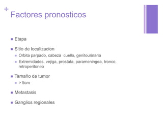 +
Factores pronosticos
 Etapa
 Sitio de localizacion
 Orbita parpado, cabeza cuello, genitourinaria
 Extremidades, vejiga, prostata, parameningea, tronco,
retroperitoneo
 Tamaño de tumor
 > 5cm
 Metastasis
 Ganglios regionales
 