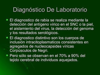 Diagnóstico De Laboratorio El diagnostico de rabia se realiza mediante la detección del antígeno vírico en el SNC o la piel, el aislamiento del virus, la detección del genoma y los resultados serológicos. El diagnostico distintivo son los cuerpos de inclusión intracitoplasmaticos consistentes en agregados de nucleocapsides víricas Corpúsculos de Negri. Pero sólo se observan en el 70% a 90% del tejido cerebral de individuos aquejados. 