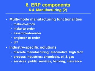 6. ERP components6.4. Manufacturing (2)Multi-mode manufacturing functionalitiesmake-to-stockmake-to-orderassemble-to-orderengineer-to-orderJITIndustry-specific solutionsdiscrete manufacturing: automotive, high techprocess industries: chemicals, oil & gas services: public services, banking, insurance