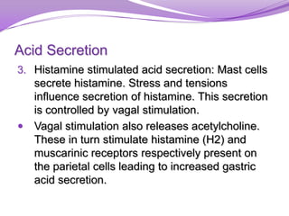 Acid Secretion
3. Histamine stimulated acid secretion: Mast cells
secrete histamine. Stress and tensions
influence secretion of histamine. This secretion
is controlled by vagal stimulation.
 Vagal stimulation also releases acetylcholine.
These in turn stimulate histamine (H2) and
muscarinic receptors respectively present on
the parietal cells leading to increased gastric
acid secretion.
 