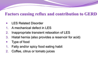 Factors causing reflux and contribution to GERD
 LES Related Disorder
1. A mechanical defect in LES
2. Inappropriate transient relaxation of LES
3. Hiatal hernia (also provides a reservoir for acid)
 Type of food
1. Fatty and/or spicy food eating habit
2. Coffee, citrus or tomato juices
 