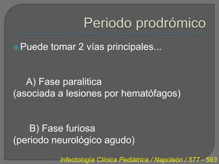  Puede   tomar 2 vías principales...


   A) Fase paralitica
(asociada a lesiones por hematófagos)


    B) Fase furiosa
(periodo neurológico agudo)
            Infectología Clínica Pediátrica / Napoleón / 577 - 593
 