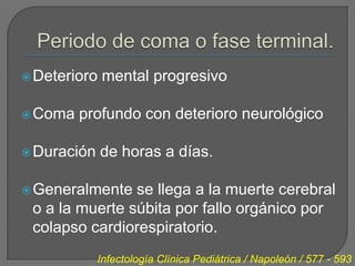  Deterioro   mental progresivo

 Coma   profundo con deterioro neurológico

 Duración    de horas a días.

 Generalmente  se llega a la muerte cerebral
 o a la muerte súbita por fallo orgánico por
 colapso cardiorespiratorio.
             Infectología Clínica Pediátrica / Napoleón / 577 - 593
 