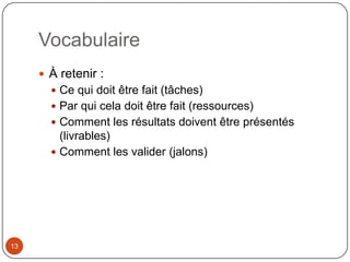 Vocabulaire
      À retenir :
        Ce qui doit être fait (tâches)
        Par qui cela doit être fait (ressources)
        Comment les résultats doivent être présentés
         (livrables)
        Comment les valider (jalons)




13
 