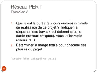 Réseau PERT
     Exercice 3

     1. Quelle est la durée (en jours ouvrés) minimale
        de réalisation de ce projet ? Indiquer la
        séquence des travaux qui détermine cette
        durée (travaux critiques). Vous utiliserez le
        réseau PERT.
     2. Déterminer la marge totale pour chacune des
        phases du projet

     (correction fichier pert-appli1_corrige.xls )



46
 