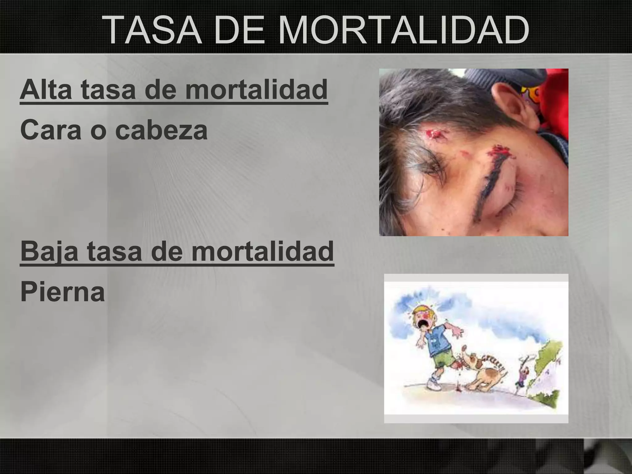 TASA DE MORTALIDAD
Alta tasa de mortalidad
Cara o cabeza
Baja tasa de mortalidad
Pierna
 