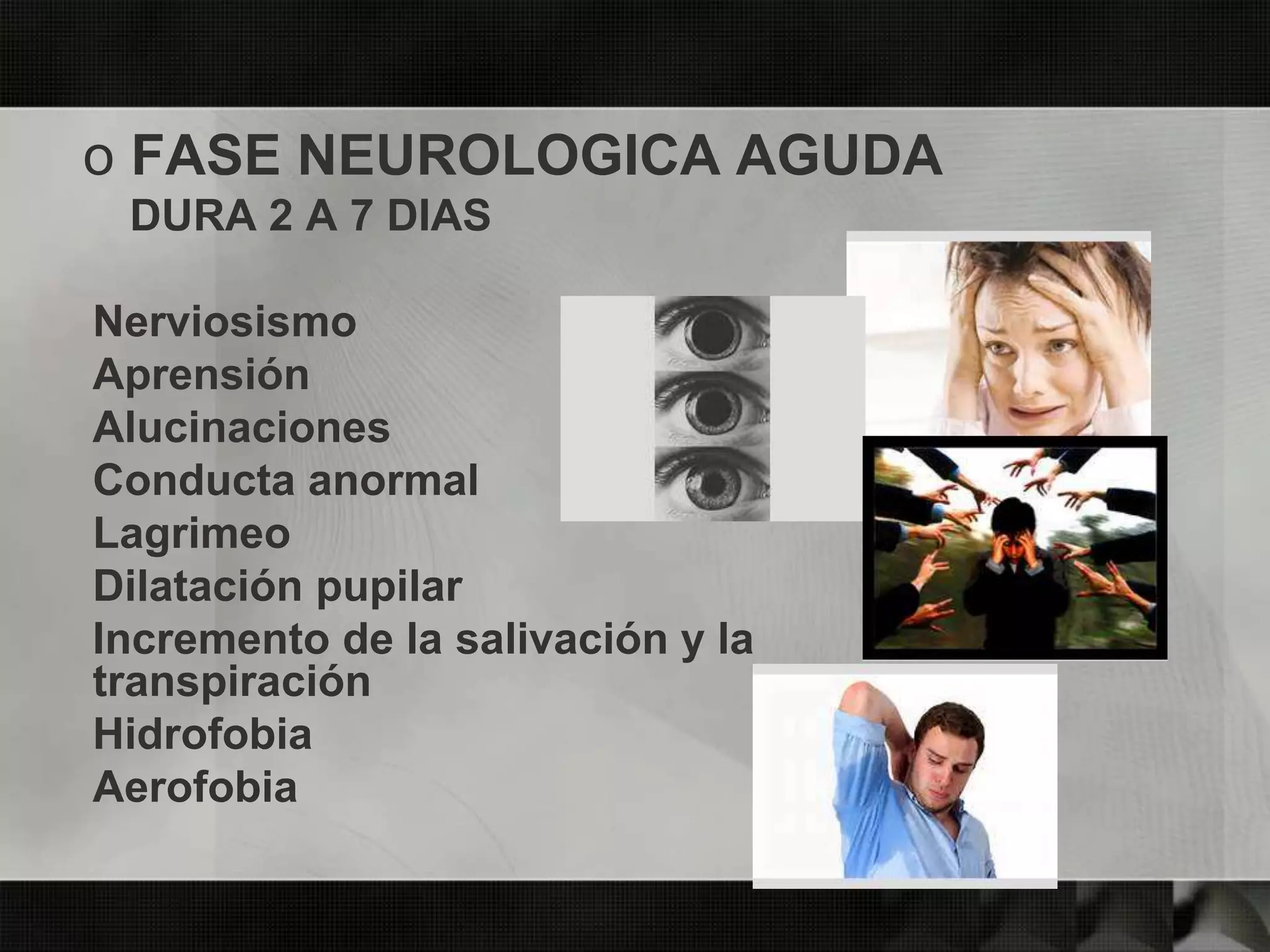 o FASE NEUROLOGICA AGUDA
DURA 2 A 7 DIAS
Nerviosismo
Aprensión
Alucinaciones
Conducta anormal
Lagrimeo
Dilatación pupilar
Incremento de la salivación y la
transpiración
Hidrofobia
Aerofobia
 