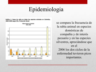 Epidemiologia
se compara la frecuencia de
la rabia animal en especies
domésticas de
compañía y de interés
pecuario y en las especies
silvestres, apreciándose que
en el
2006 los dos ciclos de la
enfermedad tuvieron picos
importantes.
 