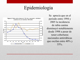 Epidemiologia
Se aprecia que en el
periodo entre 1994 y
2005 la incidencia
de rabia canina
disminuyó notablemente
desde 1998 a pesar de
tener coberturas
nacionales antirrábicas
que oscilan entre 40% y
55%.
 