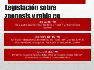 Legislación sobre
zoonosis y rabia en
Colombia
LEY 9na De 1979
Por la cual se dictan Medidas Sanitarias y se crea el Código Sanitario
Nacional
DECRETO 2257 De 1986
Por el cual se Reglamentan Parcialmente los Títulos VII y XI de la Ley 09 de
1979, en cuanto a investigación, Prevención y Control de la Zoonosis
Decreto 1544 de 1998
Por el cual se regulan las actividades de los laboratorios de salud pública y
las actividades de referencia y contrarreferencia.
 