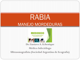 Dr. Gustavo A. Echenique
Médico Infectólogo
Ultrasonografista (Sociedad Argentina de Ecografia)
RABIA
MANEJO MORDEDURAS
 