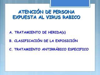 A. TRATAMIENTO DE HERIDA(s)
B. CLASIFICACIÓN DE LA EXPOSICIÓN
C. TRATAMIENTO ANTIRRÁBICO ESPECIFICO
ATENCIÓN DE PERSONAATENCIÓN DE PERSONA
EXPUESTA AL VIRUS RABICOEXPUESTA AL VIRUS RABICO
 