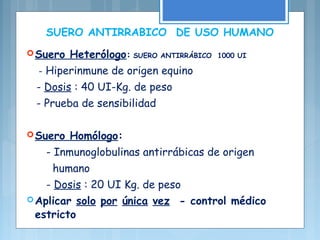 Suero Heterólogo: SUERO ANTIRRÁBICO 1000 UI
- Hiperinmune de origen equino
- Dosis : 40 UI-Kg. de peso
- Prueba de sensibilidad
Suero Homólogo:
- Inmunoglobulinas antirrábicas de origen
humano
- Dosis : 20 UI Kg. de peso
Aplicar solo por única vez - control médico
estricto
SUERO ANTIRRABICO DE USO HUMANO
 