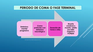 Deterioro
mental
progresivo
Coma
profundo con
deterioro
neurológico
Duración de
horas o días
Muerte
cerebral o
muerte súbita
por fallo
orgánico
múltiple
PERIODO DE COMA O FASE TERMINAL
 
