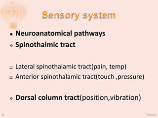  Neuroanatomical pathways
 Spinothalmic tract
 Lateral spinothalamic tract(pain, temp)
 Anterior spinothalamic tract(touch ,pressure)
 Dorsal column tract(position,vibration)
7/3/201548
 
