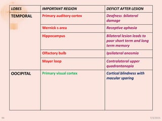 LOBES IMPORTANT REGION DEFICIT AFTER LESION
TEMPORAL Primary auditory cortex Deafness :bilateral
damage
Wernick s area Receptive aphasia
Hippocampus Bilateral lesion leads to
poor short term and long
term memory
Olfactory bulb Ipsilateral anosmia
Mayer loop Contralateral upper
quadrantanopia
OOCIPITAL Primary visual cortex Cortical blindness with
macular sparing
7/3/201596
 