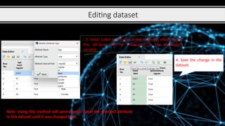Editing dataset
. 3. Select Label as the role of this attribute, which means
this attribute will be recognized as the dependent
variable
4. Save the change in the
dataset.
Note: Using this method will permanently Label the selected attribute
in this dataset until it was changed back.
 