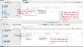 After saving the dataset,
simply drag the dataset into
the Process panel
The dataset will appear in
the Process panel, then
drag a cable from the ‘out’
of the dataset, to the ‘res’
of the panel.
Lastly, click on the ‘Run’.
This cable means that the
output of this module is the
result of the designed data
process.
 
