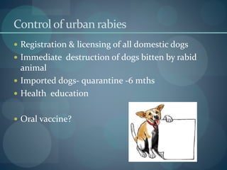 Control of urban rabies
 Registration & licensing of all domestic dogs
 Immediate destruction of dogs bitten by rabid
animal
 Imported dogs- quarantine -6 mths
 Health education
 Oral vaccine?
 