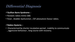 Differential Diagnosis
Guillian Barre Syndrome :-
• Paralytic rabies mimic GBS
• Fever , bladder dysfunction , CSF pleocytosis favour rabies.
Rabies Hysteria :-
• Characterised by shorter incubation period , inability to communicate
, aggressive behaviour , long course with recovery.
 