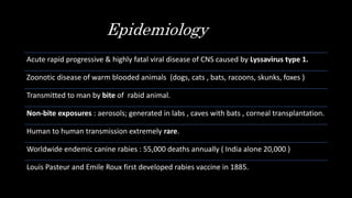 Epidemiology
Acute rapid progressive & highly fatal viral disease of CNS caused by Lyssavirus type 1.
Zoonotic disease of warm blooded animals (dogs, cats , bats, racoons, skunks, foxes )
Transmitted to man by bite of rabid animal.
Non-bite exposures : aerosols; generated in labs , caves with bats , corneal transplantation.
Human to human transmission extremely rare.
Worldwide endemic canine rabies : 55,000 deaths annually ( India alone 20,000 )
Louis Pasteur and Emile Roux first developed rabies vaccine in 1885.
 