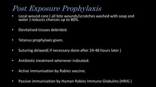 Post Exposure Prophylaxis
• Local wound care ( all bite wounds/scratches washed with soap and
water ) reduces chances up to 80%.
• Devitalised tissues debrided.
• Tetanus prophylaxis given.
• Suturing delayed( if necessary done after 24-48 hours later )
• Antibiotic treatment whenever indicated.
• Active immunisation by Rabies vaccine.
• Passive immunisation by Human Rabies Immuno Globulins (HRIG )
 