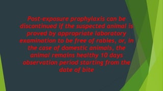 Post-exposure prophylaxis can be
discontinued if the suspected animal is
proved by appropriate laboratory
examination to be free of rabies, or, in
the case of domestic animals, the
animal remains healthy 10 days
observation period starting from the
date of bite
 